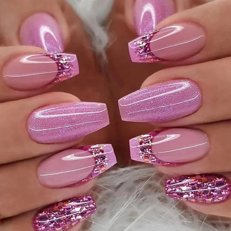 24 PCs Short French Minimalist Light Pink Glitter Nails with Jelly Gel and 1 Nail File