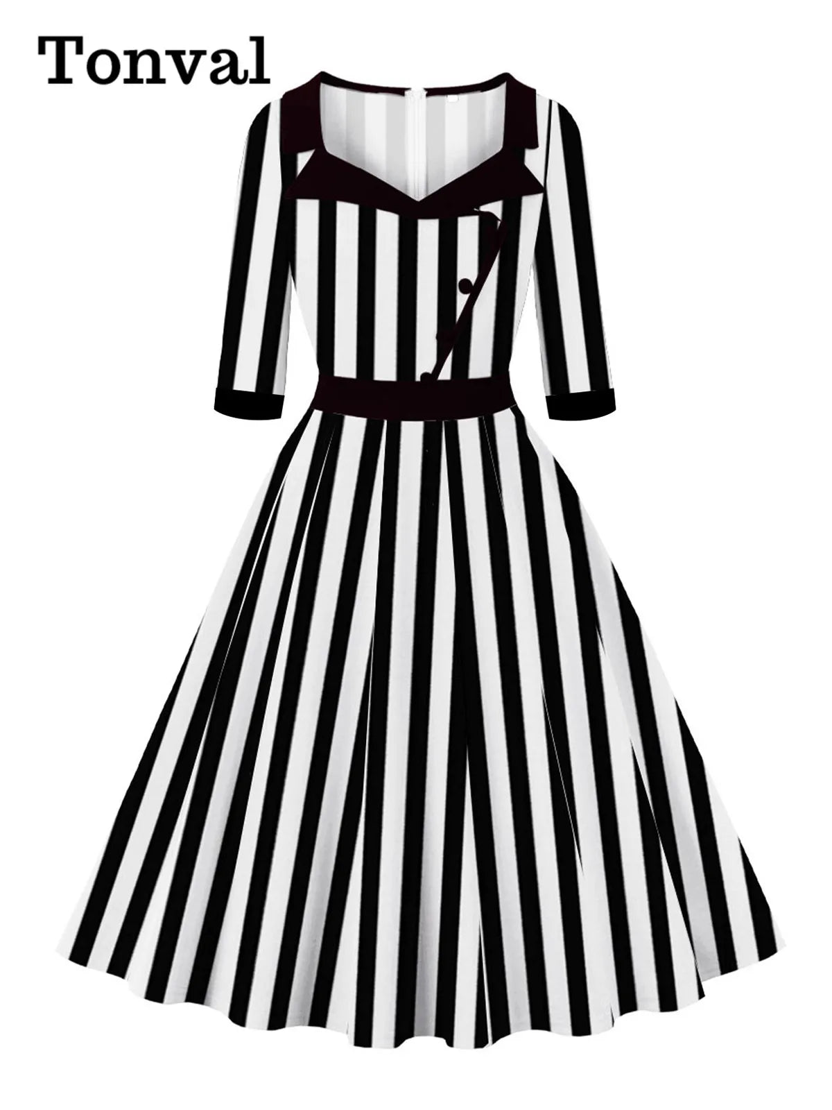 Tonval Striped Print Vintage Long Dresses Women Sweetheart Neck Buttons 3/4 Length Sleeve Fall Elegant A-Line Flare Dress