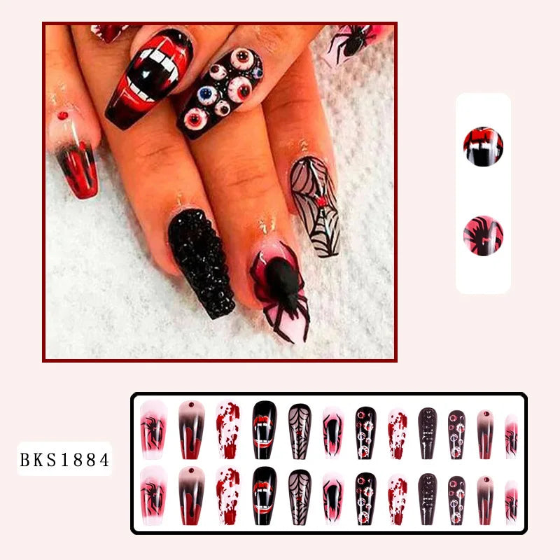 24pcs Halloween Spider Web & Ghost Face False Nails – Rhinestone Eyeball Horror Press-On Nails for Women & Girls