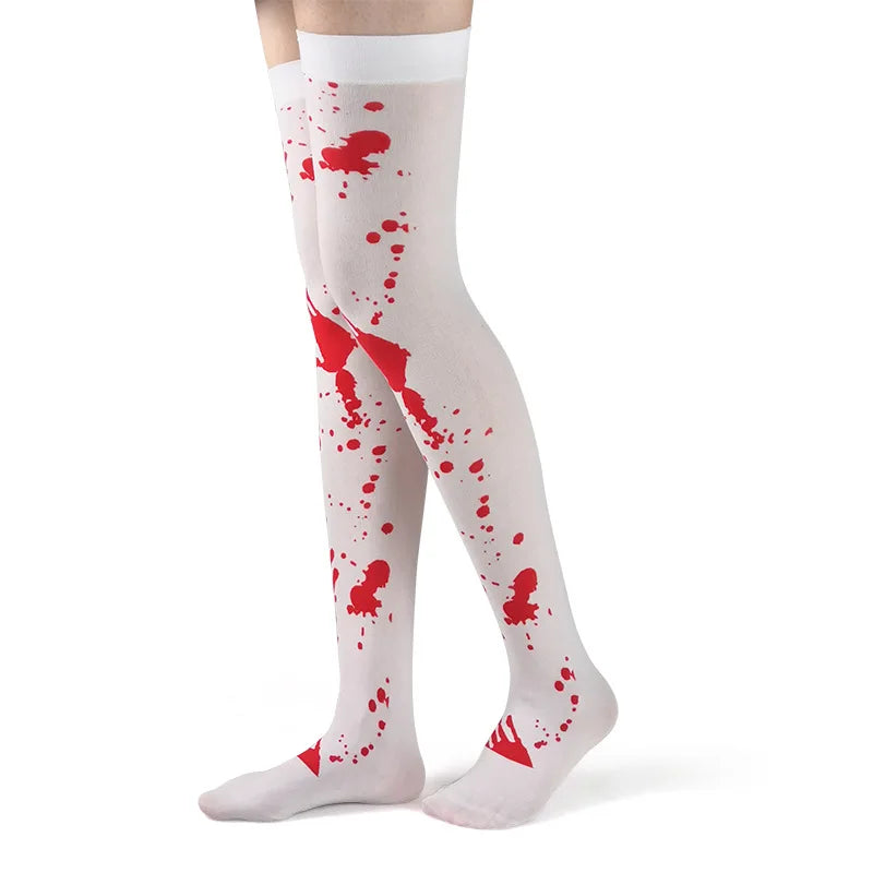 Women's Halloween Blood Bone Print Stockings - Skull Skeleton Over-the-Knee Socks, Thigh-High Cosplay Accessories