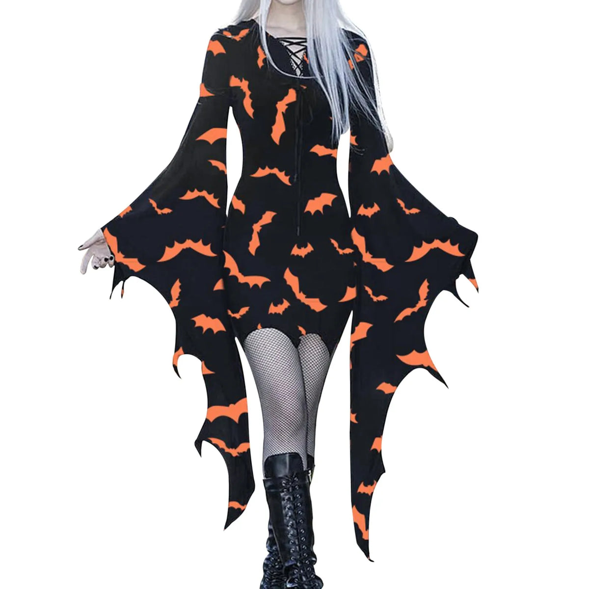 2024 Casual Plus Size Halloween Dress – Women’s Batwing Sleeve, Bat Printed Tie V-Neck Cosplay Mini Dress