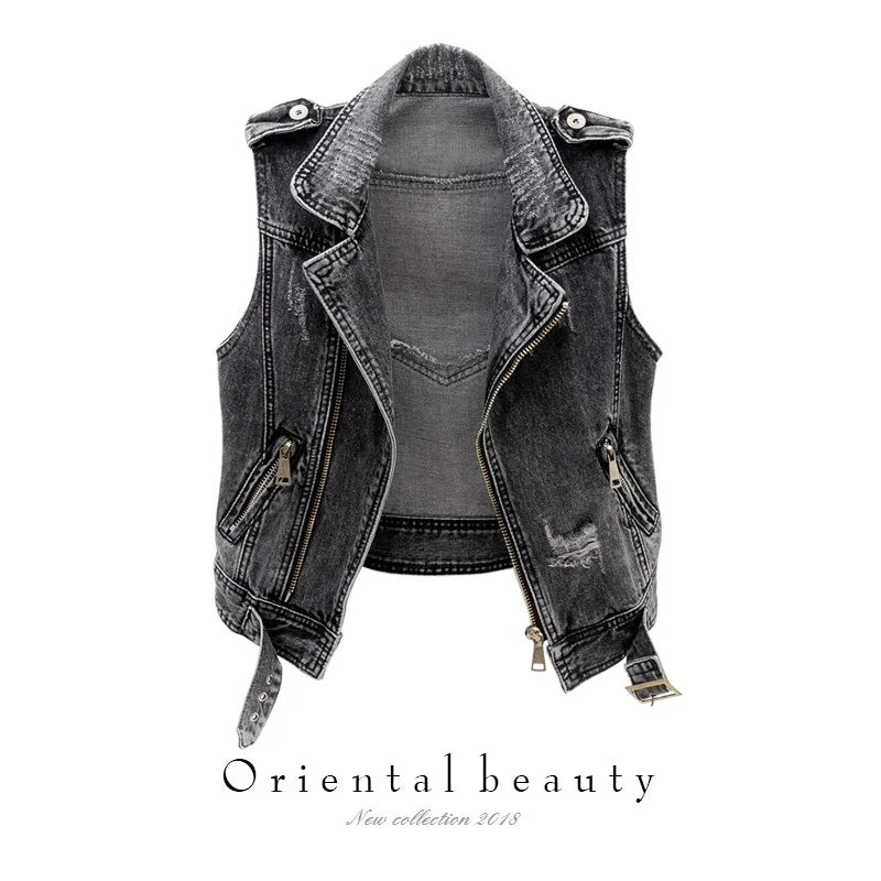 Spring-Summer Women's Slim Sleeveless Denim Jacket - Casual Rocker Vest