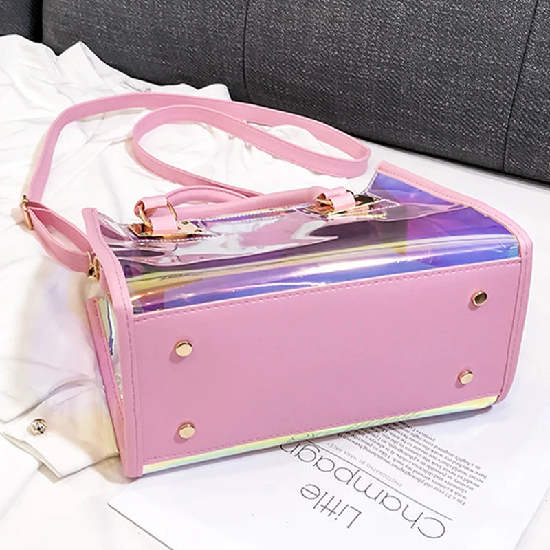 Fashion Laser PVC Jelly Tote Handbag for Women Large Capacity Transparent Top Handle Bags with Coin Wallet Lady Shopping Purse