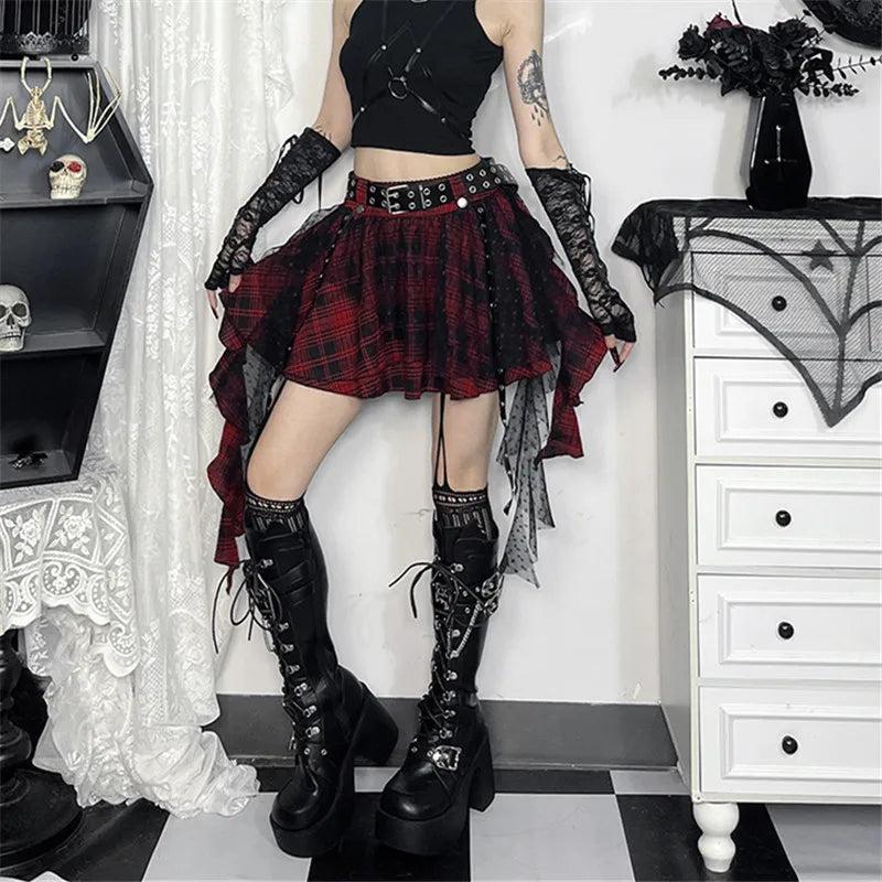 Goth Dark 90s Grunge Plaid – Mall Goth Irregular Lace Ribbon Women's Mini Skirt