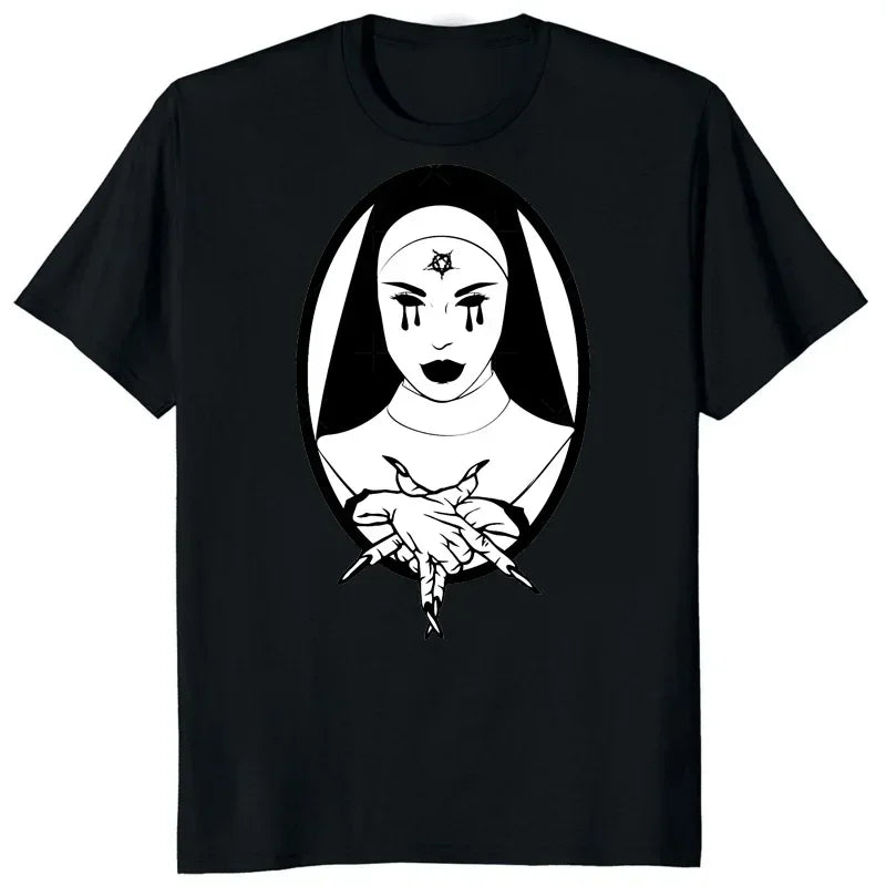 Cartoon Nun Pin-Up Unisex T-Shirt - Church of Satan Anton LaVey Satanic Occult Gothic Tee | Classic Girl Tops