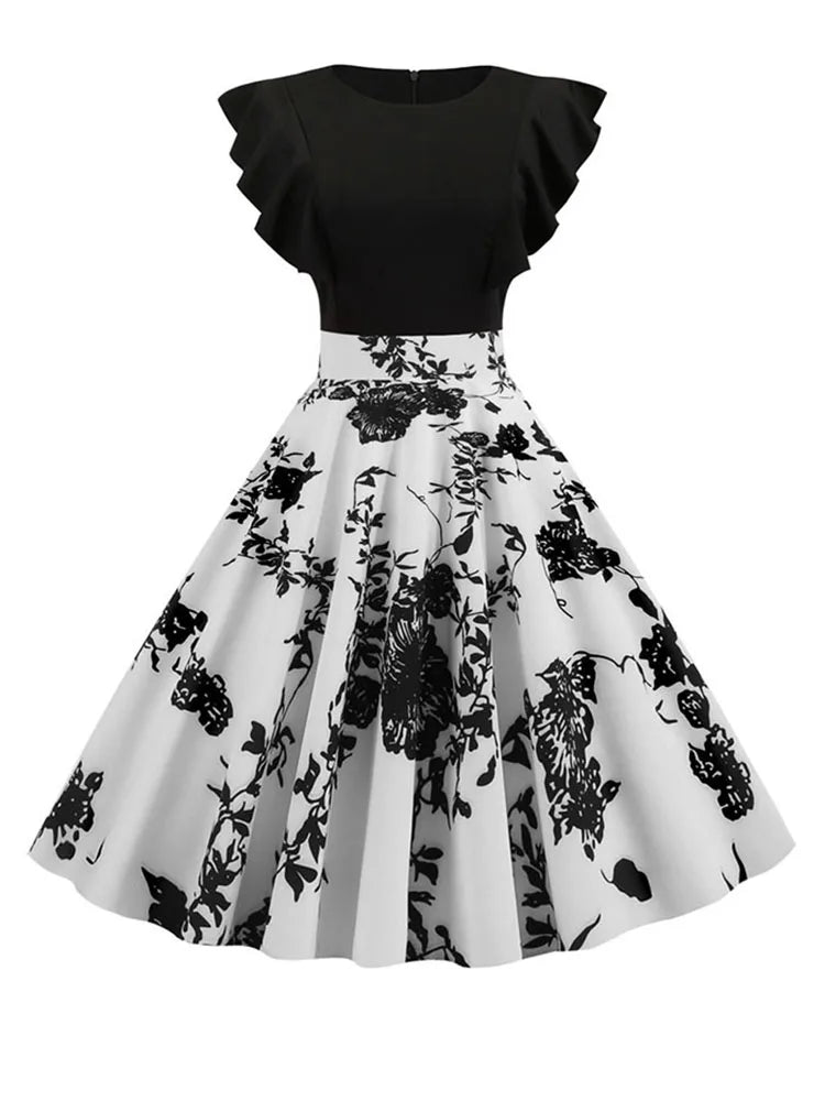 Black White Patchwork Floral Print Summer Dress Women | Petal Sleeve Dot Vintage Dress | Robe Casual Rockabilly Party