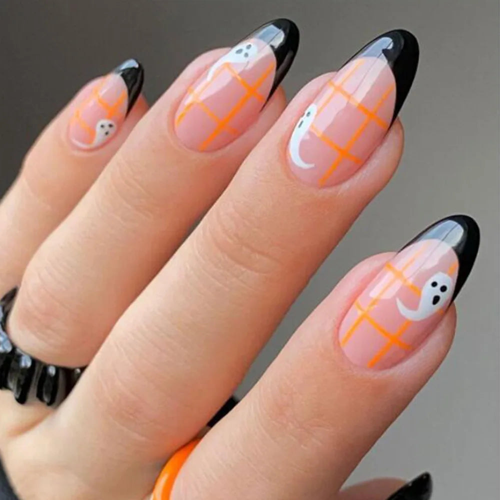 24Pcs Halloween Almond False Nails with Glue Flame Ghost Design Fake Nail Tips Long Oval Press on Nails Full Cover Manicure