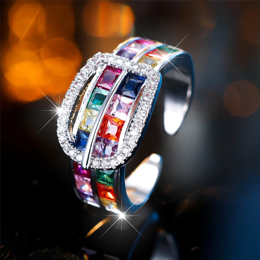 Cute Belt Buckle Female Rainbow Square Zircon Stone Adjustable Ring – Silver-Colored Jewelry for Women