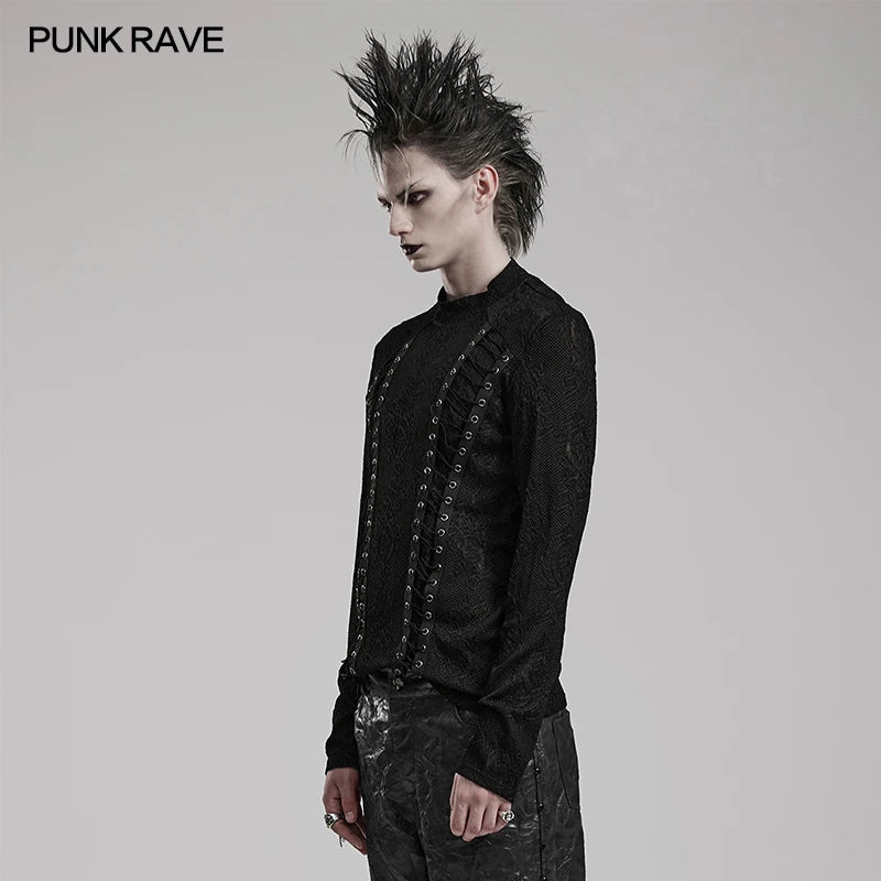 PUNK RAVE Men's Gothic 3D Jacquard Knitted T-shirt Symmetrical Webbing Decoration Punk Male Tees Tops Streetwear