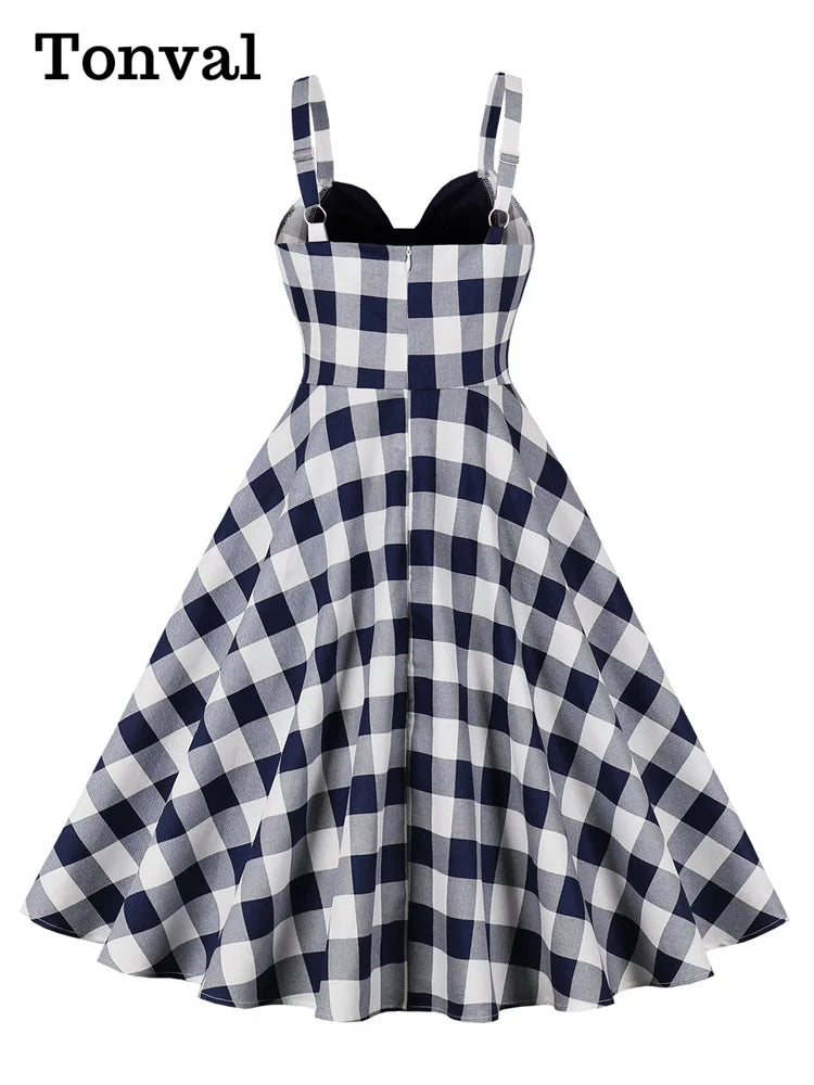 Tonval V-Neck Bow Front Gingham and Navy 50s Rockabilly Dresses 95% Cotton for Women Spaghetti Strap Summer Cocktail Party Dress