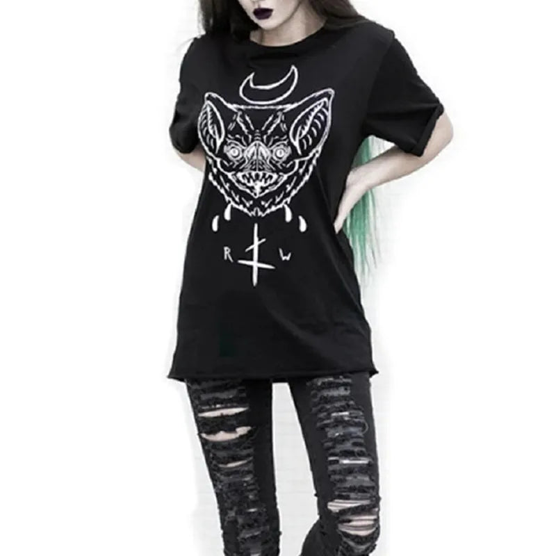 Dark Gothic Shirt for Women – Short Sleeve Black T-Shirt with 2024 Blood Thirsty Batface Print, Punk Summer Top