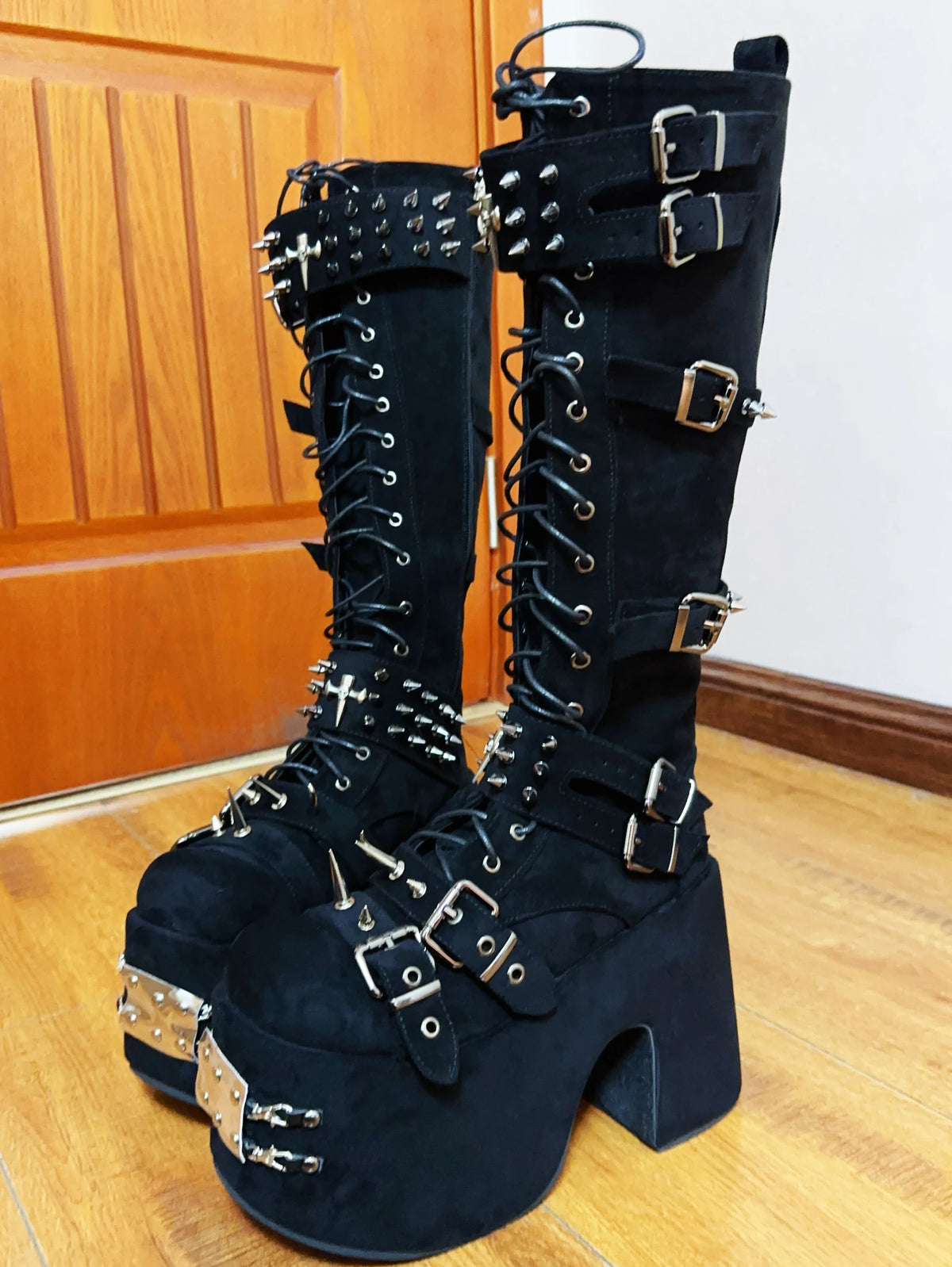 Women Motorcycle Boots woman high Heels pumps Lady knight boots girl punk Gothic long boots customized shoes rock heavy industry