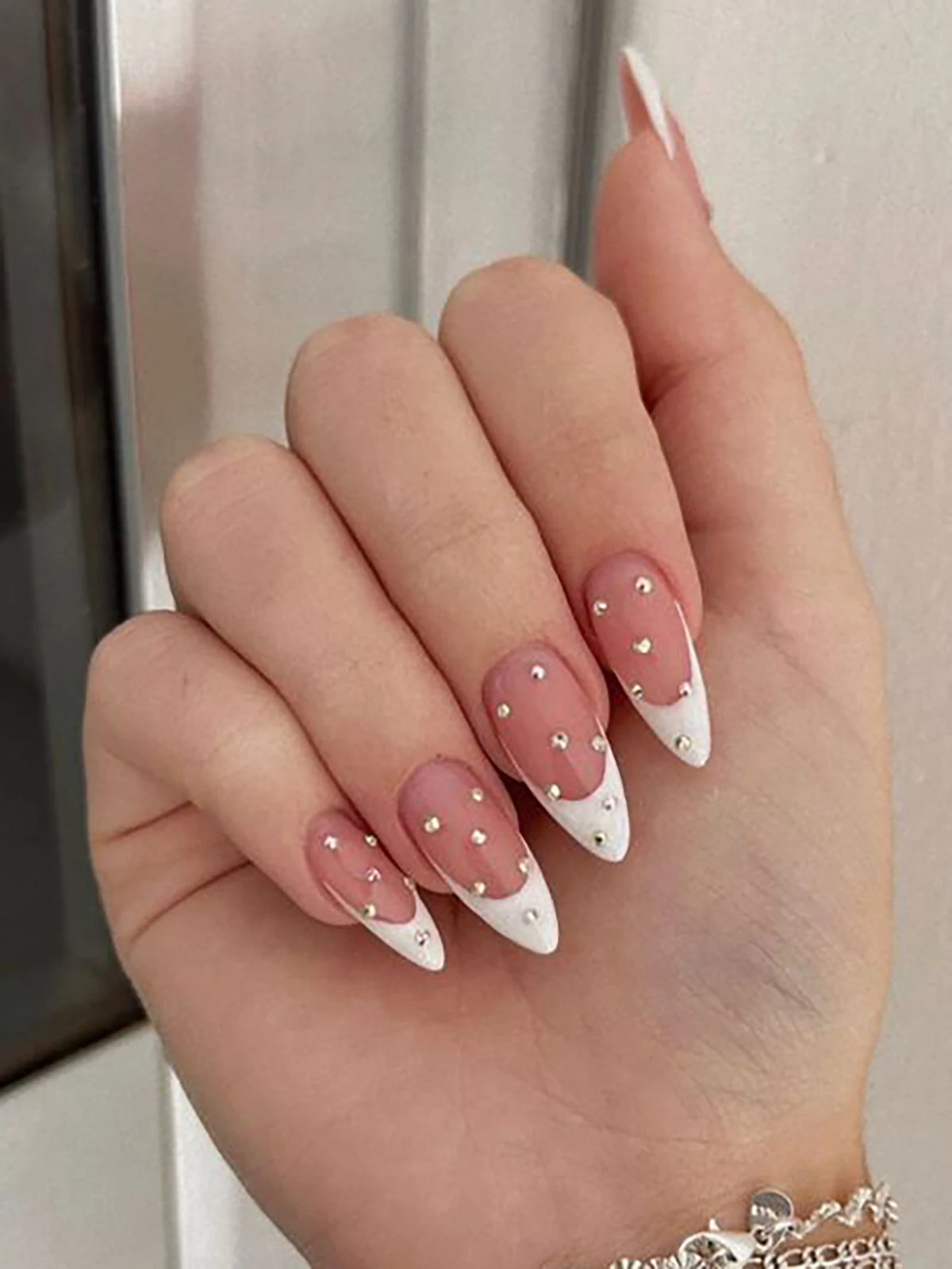 24 Long Almond White French Patterned 3D Diamond Gloss Fake Nails with 1 Nail File and Jelly Glue