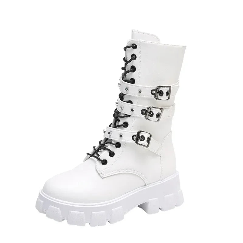 New Autumn Winter Lace-Up Mid-Calf Boots for Women - Fashion Zipper Sports Platform Heel Knee High Shoes