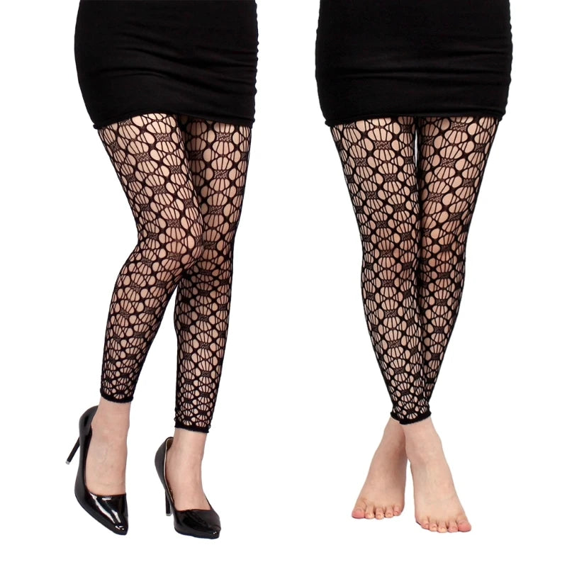 Womens Sexy Patterned Fishnet Footless Tights High Waist Net Footless Leggings Pantyhose Sheer Thigh High Stockings