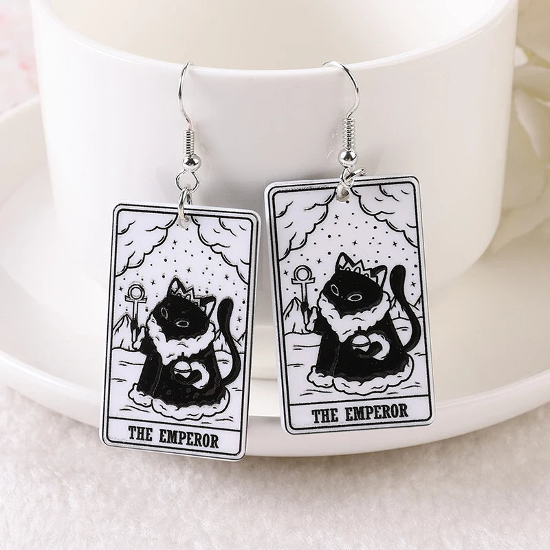 1 Pair Drop Earrings - Black & White Cat Tarot Deck Card with Sun, Moon, Star, and The Lovers Divination Crafts Fashion Jewelry Gift