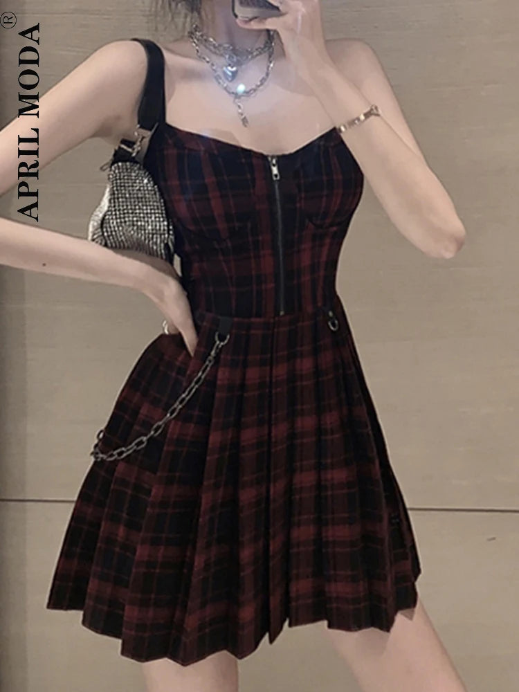 Gothic Girls' Red Plaid Pleated Dress – Emo Alt Y2K Zip-Up Punk Rock Mini Dress with Black Spaghetti Straps