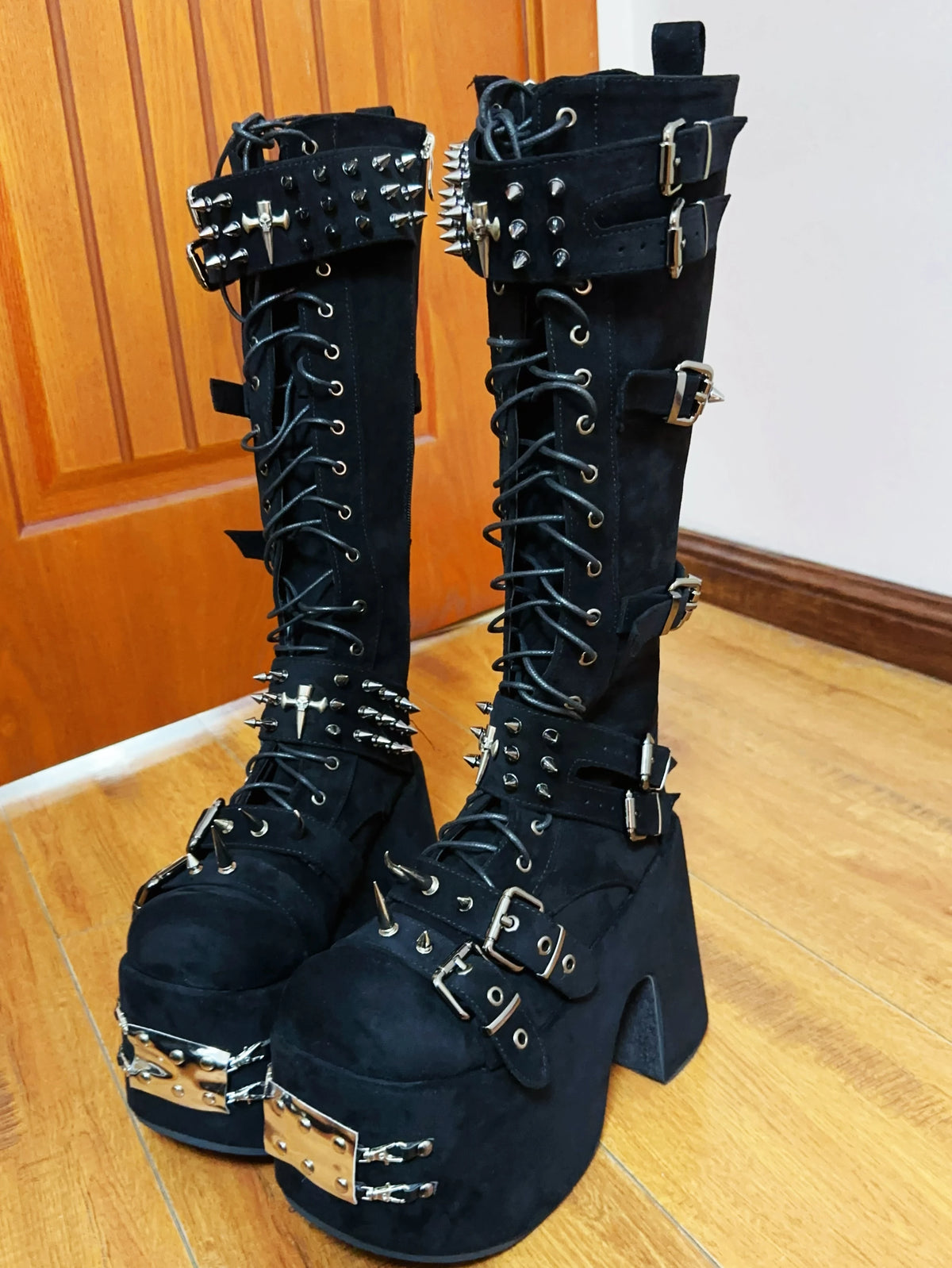 Women Motorcycle Boots woman high Heels pumps Lady knight boots girl punk Gothic long boots customized shoes rock heavy industry