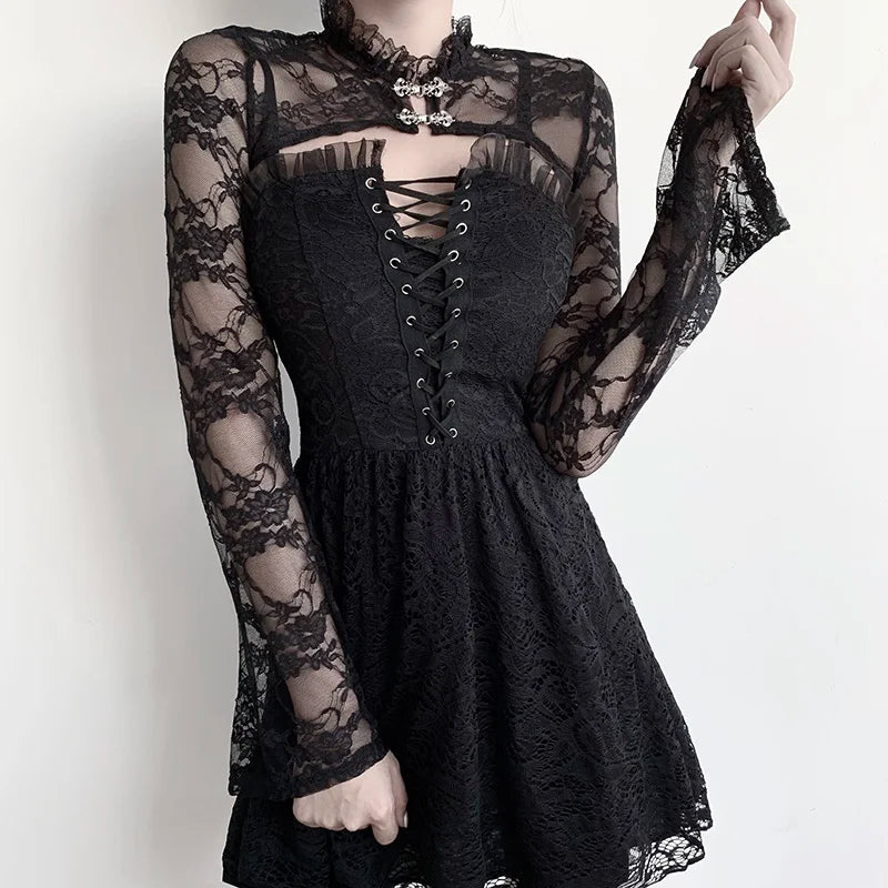 Lace Smocks Long Sleeve Y2K Sexy Gothic Street Halloween Black Overall Coguette Chic Button Crop Matching Party Cover Up by InsGoth