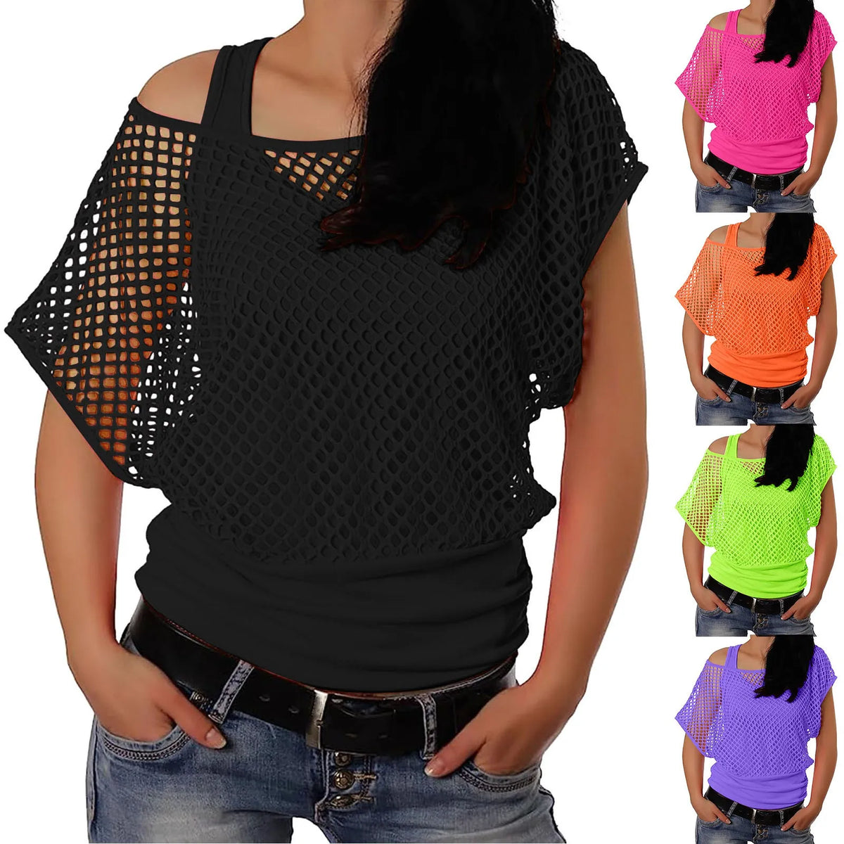 Women’s Vintage 80s Neon Fishnet Mesh Top – Off-Shoulder Short Sleeve Two-Piece T-Shirt