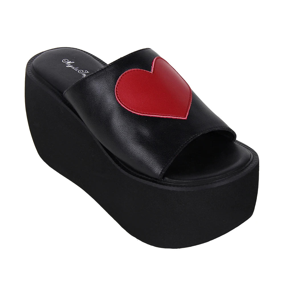 Women’s and Girls’ Lolita Punk Rock Slip-On Open Toe Shoes - Heart Accent Chunky Platform Slides