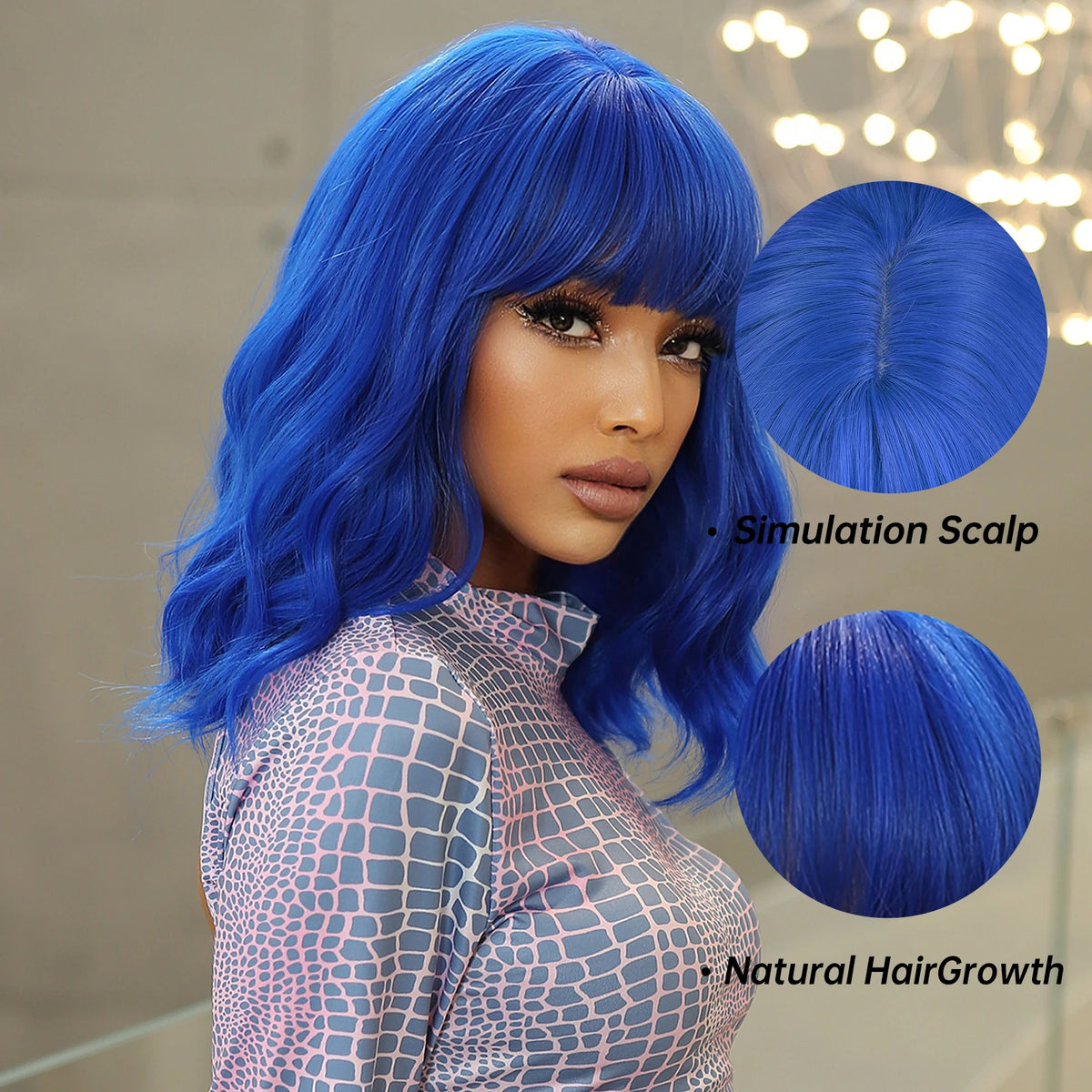 Blue Short Bob Cosplay Lolita Synthetic Wigs Water Wavy Hair Wig with Bangs for Women Natural Heat Resistant Halloween Party Use