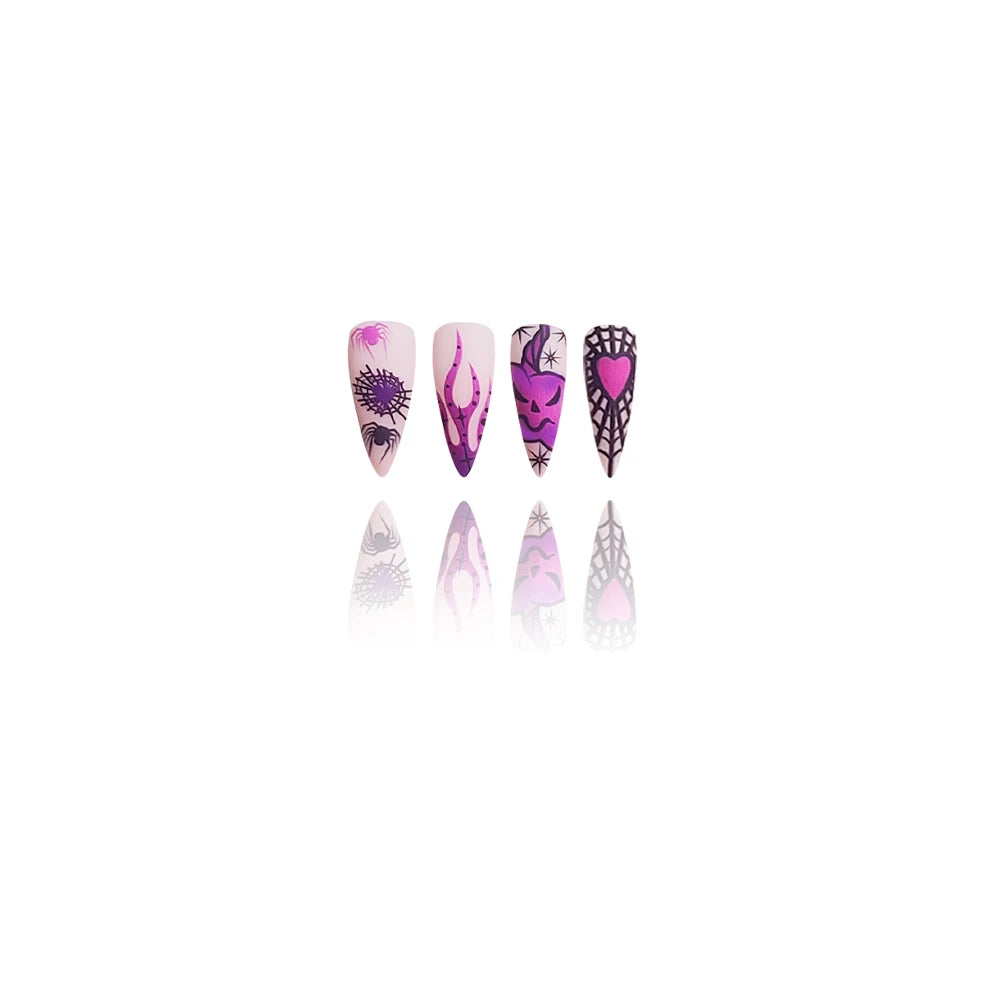 24pcs Halloween Purple Flame wearable Fake Nails Long Stiletto False Nails French Ballerina Press on Nails DIY Manicure Nail Tip