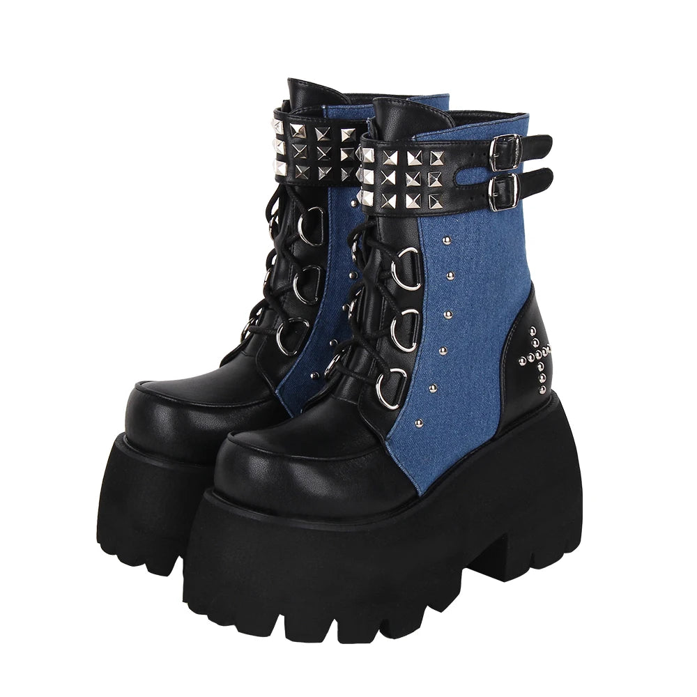 Women’s Gothic Motorcycle Punk Boots - Short Ankle Chunky Sole Shoes in Black and Denim, 10cm Heel