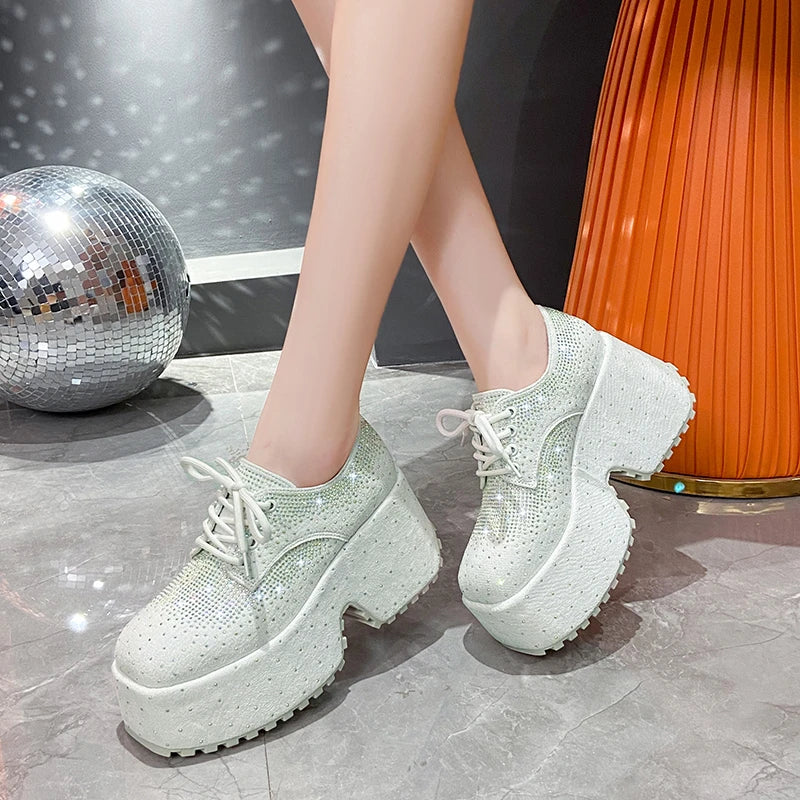 High Top Spring Black Women Shoes | New Style Fashion 9.5CM Platform Shoes | Trendy Platform Sneakers | Tide Shine Bling Rhinestone Shoes