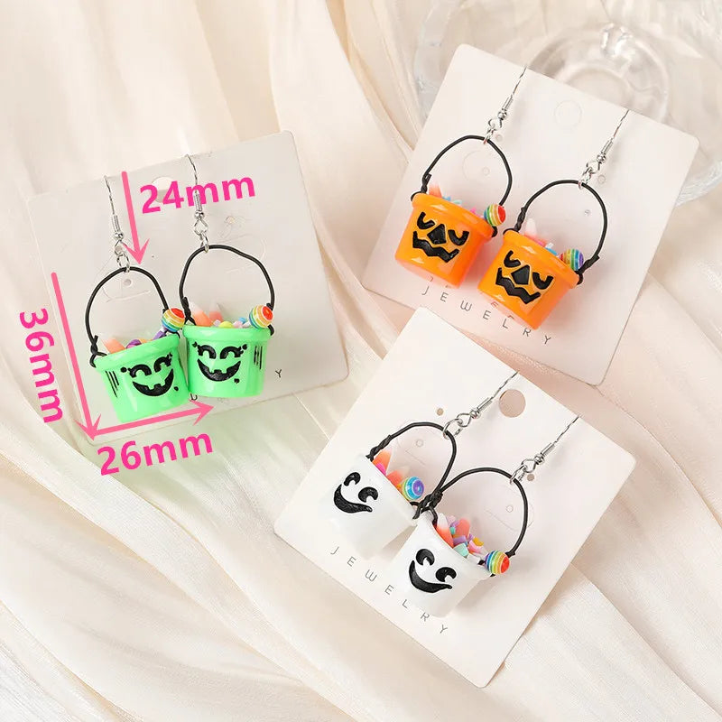 1 Pair Fashion Halloween Drop Earrings – 3D Resin Trick or Treat Basket Jewelry for Girls and Women, Birthday Gift