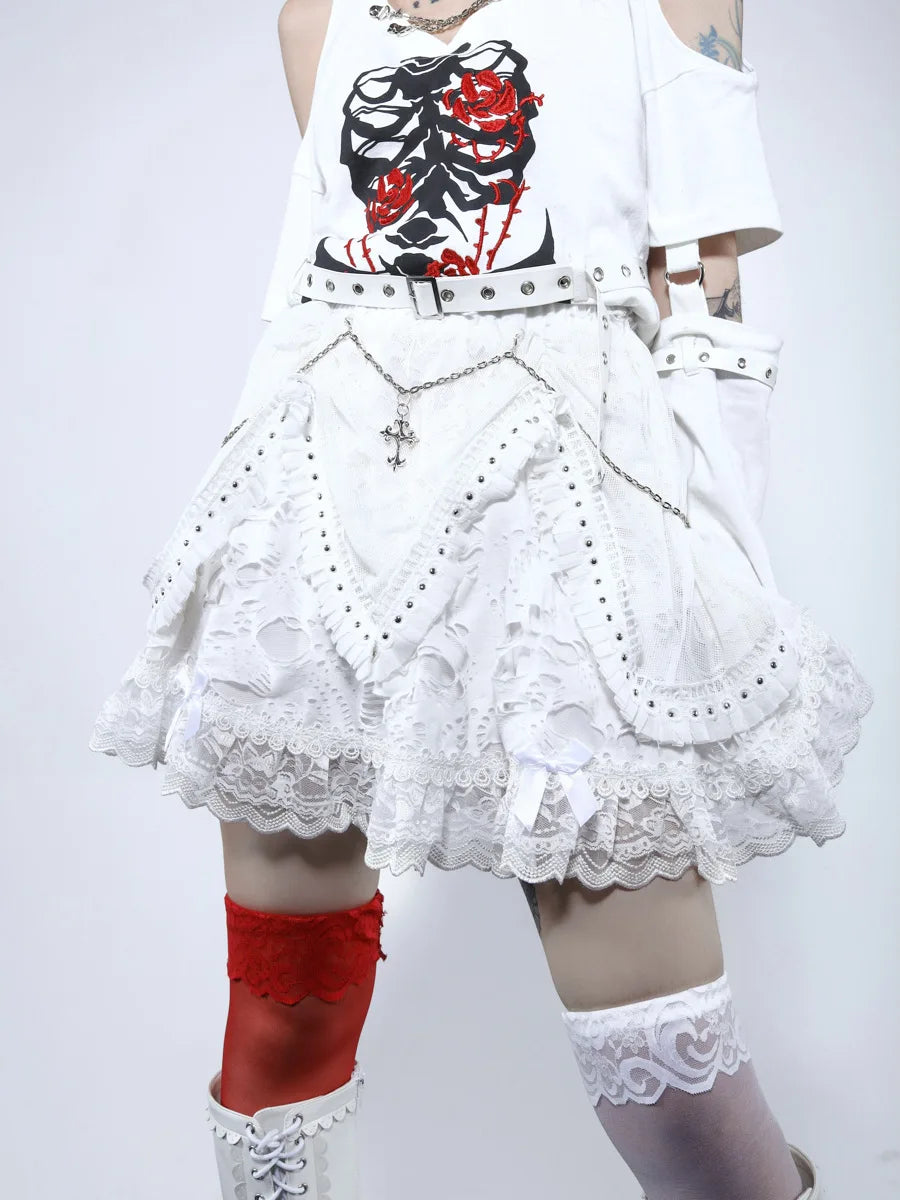 Blood Supply Harajuku Mini Cake Skirt – White Gothic Summer Ball Gown with Lace Patch Cross, Halloween Punk Kawaii Cute Skirt