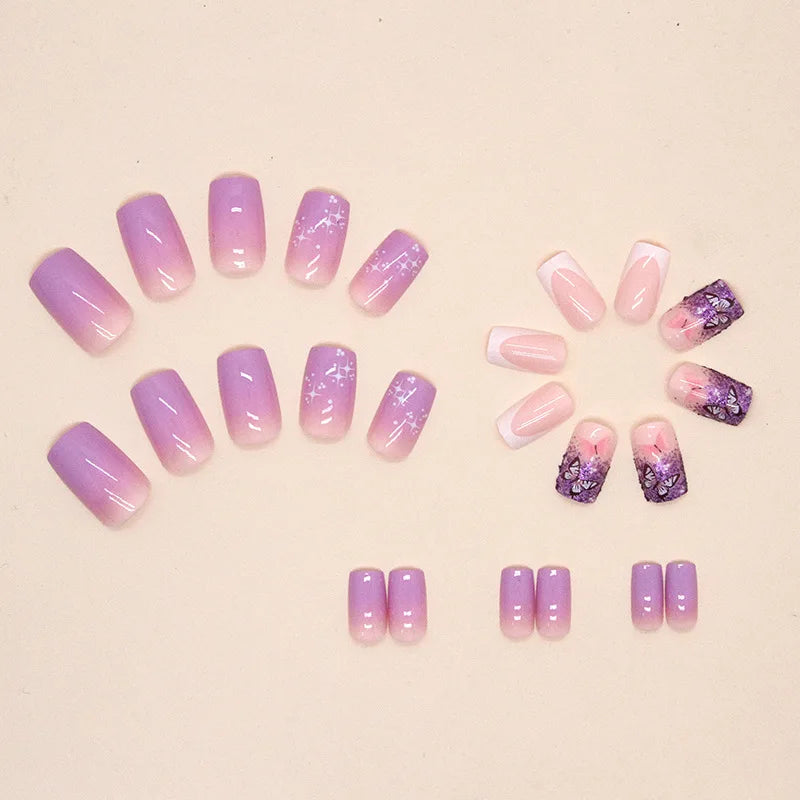 24 PCs Short French Lavender Gradient Butterfly Fingernails with Jelly Gel and 1 Nail File