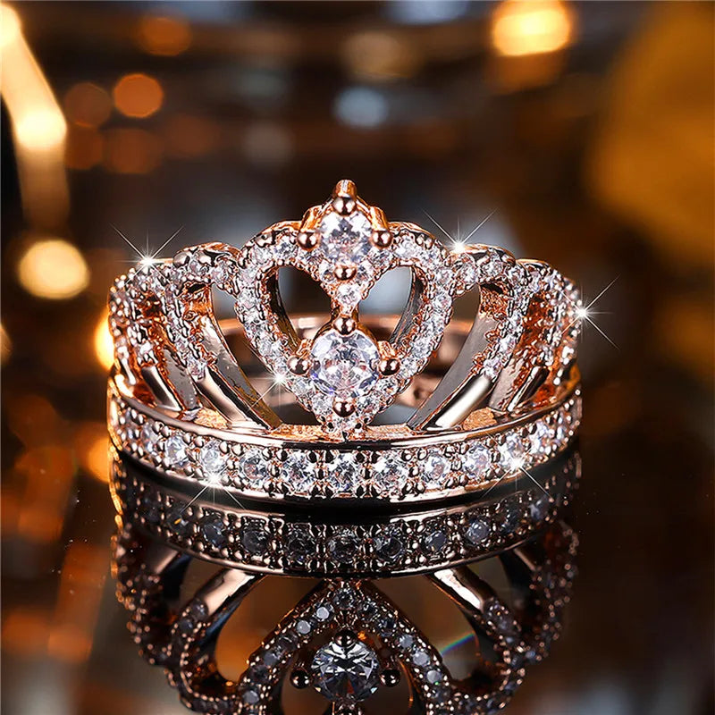 Luxury Female Big Heart Crown Zircon Stone Engagement Ring - Rose Gold Bride Wedding Jewelry Gift