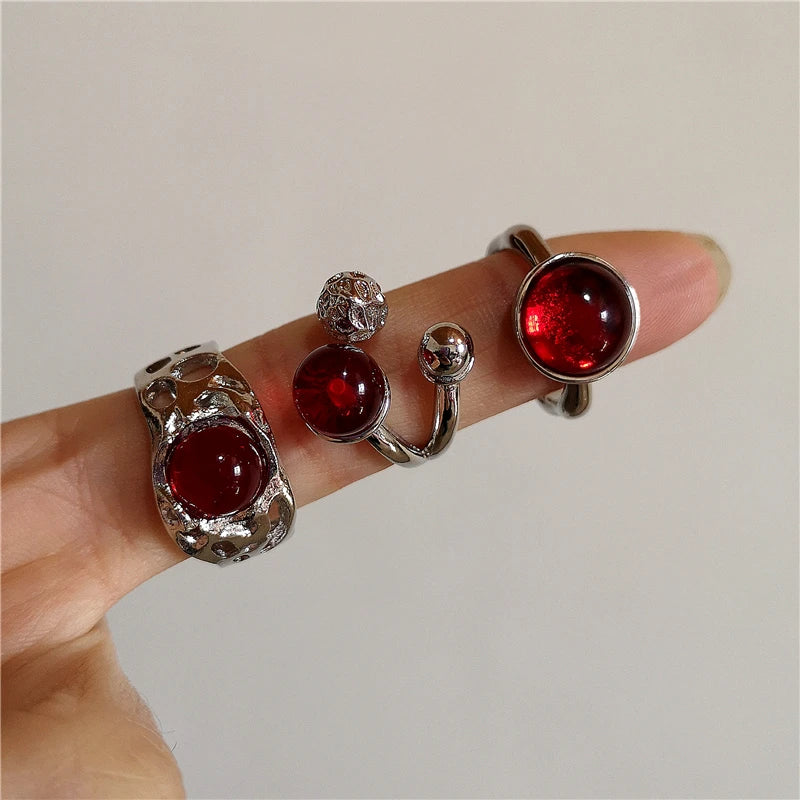 Punk Goth Red Crystal Geometric Heart Pearl Star Animal Rings - Women's Y2K Aesthetic Vintage Grunge Jewelry