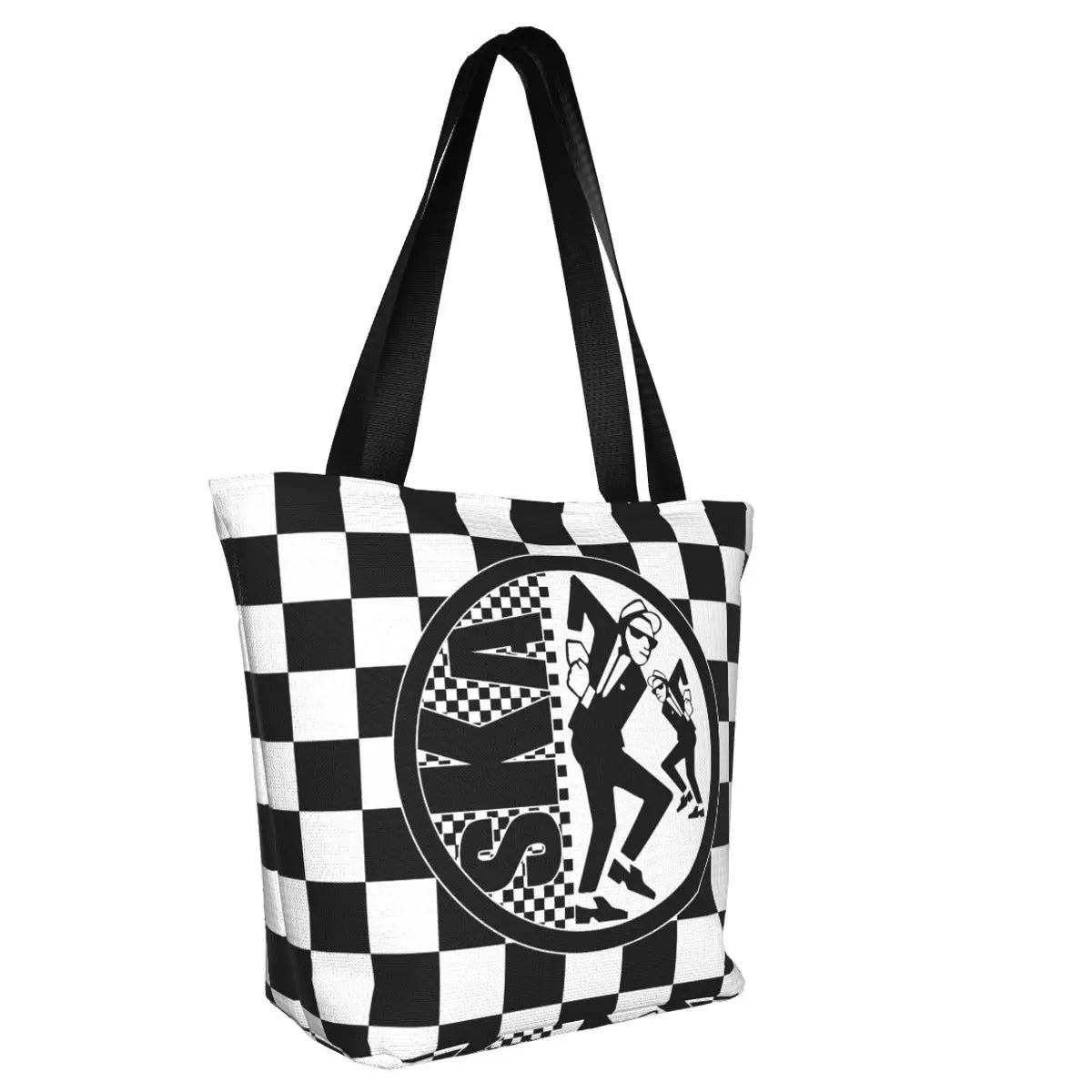 2 Tone Ska-Rock Revival Tote Bag – Women's Top Handle Checkered Handbag with Zipper Opening, Rocksteady Punk Rock Music Style