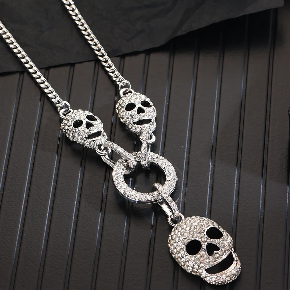 New Fashion Trendy Shiny Rhinestone Skull Pendant Necklace – Women's Halloween Jewelry Accessories