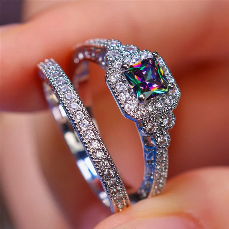 Luxury Crystal Rainbow Zircon Engagement Ring Set - Cute Wedding Jewelry for Women