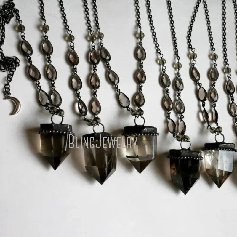 10pcs Crystal Point Halloween Necklace – Women's Smoky Quartz Pendulum Talisman Obelisk Wiccan Jewelry