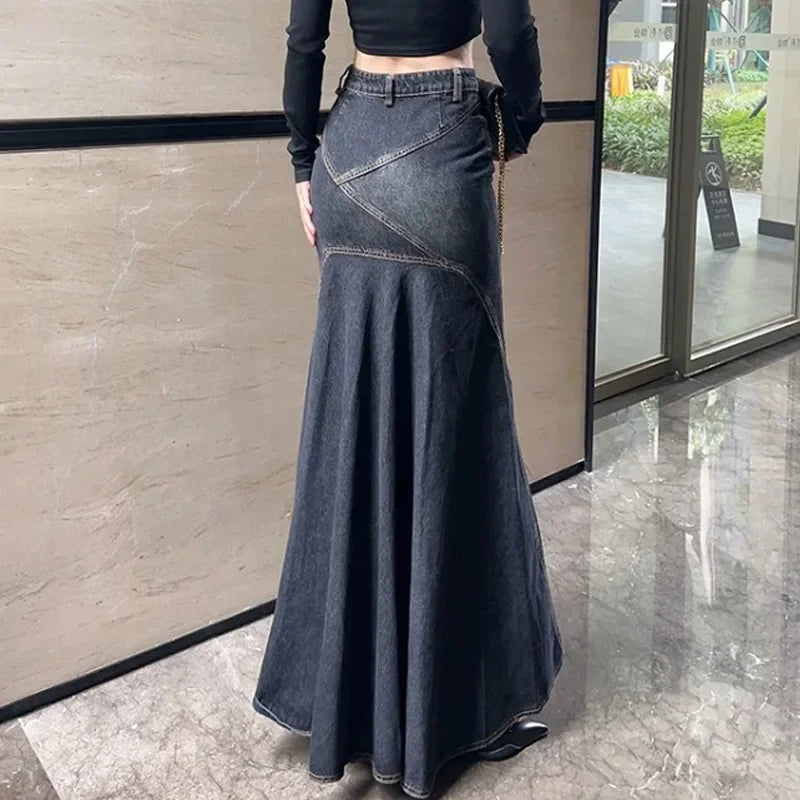 2023 Autumn New Vintage High-waisted Denim Skirt Women's Hip-hugging Long Skirt Split-line Flared Design Female Fashion