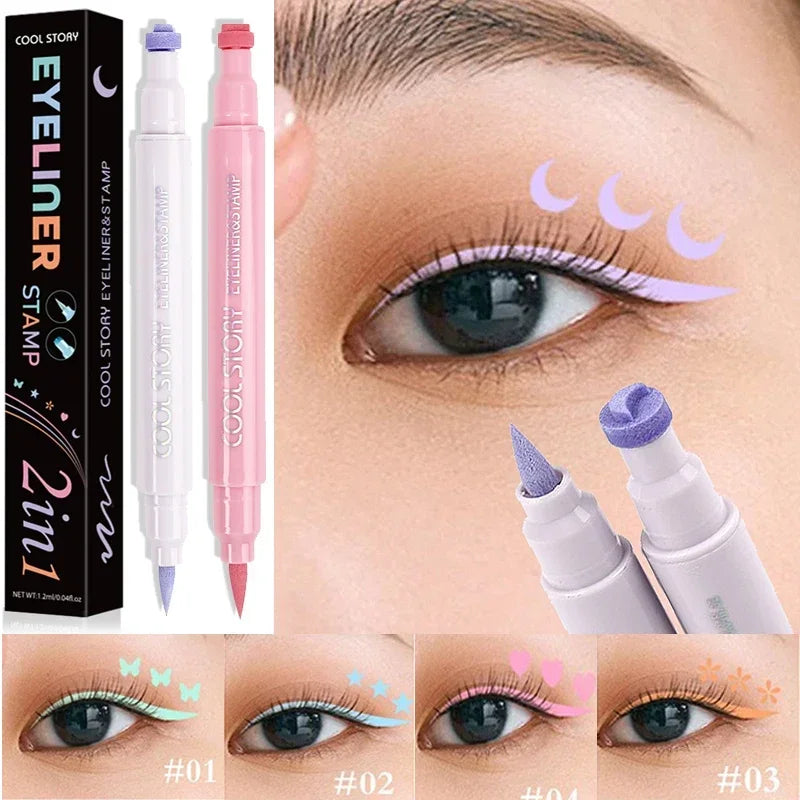 2-in-1 Pastel Stamp Eyeliner Pen Set – Matte Liquid Eye Liner with Heart, Butterfly, Star, Moon, and Flower Stamps for Creative Makeup