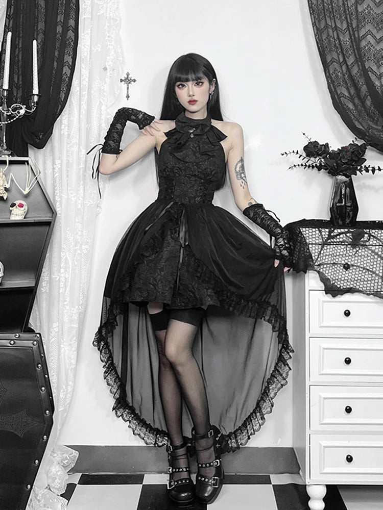 InsGoth Mesh Lace Trailing Decorative Skirt Women’s Emo Goth Punk Halter Victorian Dress