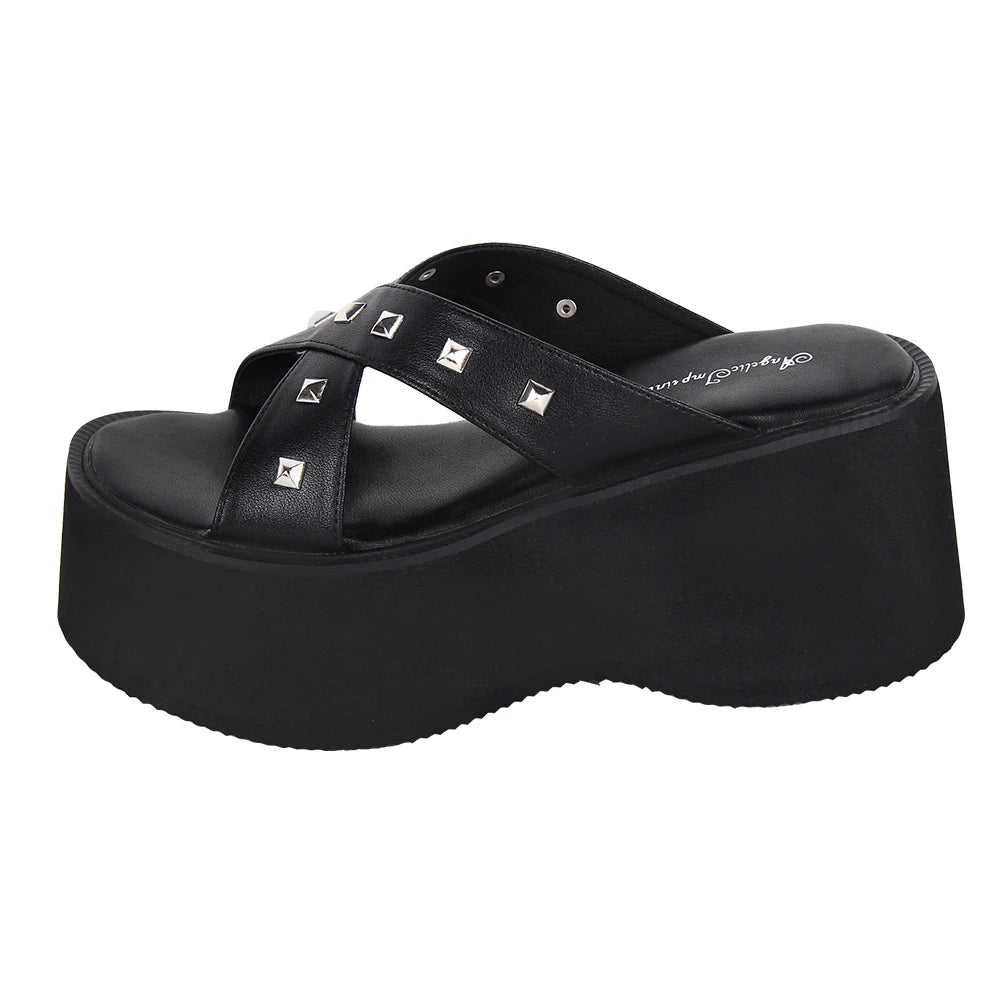 Women’s Lolita Punk Sandals - Chunky Slip-On with Cross Strap and Rivet Detail Platform Shoes