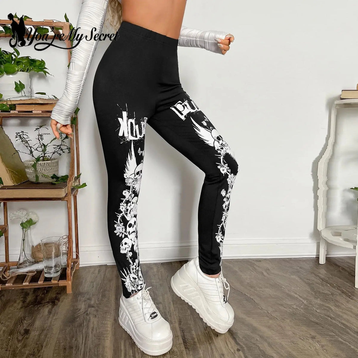 [You're My Secret] 2023 Gothic Leggings for Women Ouija Workout Pants Dark Grunge Black Skull Leggins Halloween Spandex Legins