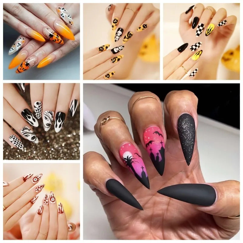 24 Pcs/Set Halloween Pointed Fake Nails Press on Nails Art Removable Nail Tips Long Ballet False Nails Almond Wearing Nail Fake