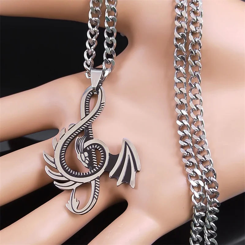 Dragon Treble Clef Pendant Necklace – Stainless Steel Silver Color, Punk Jewelry for Women & Men