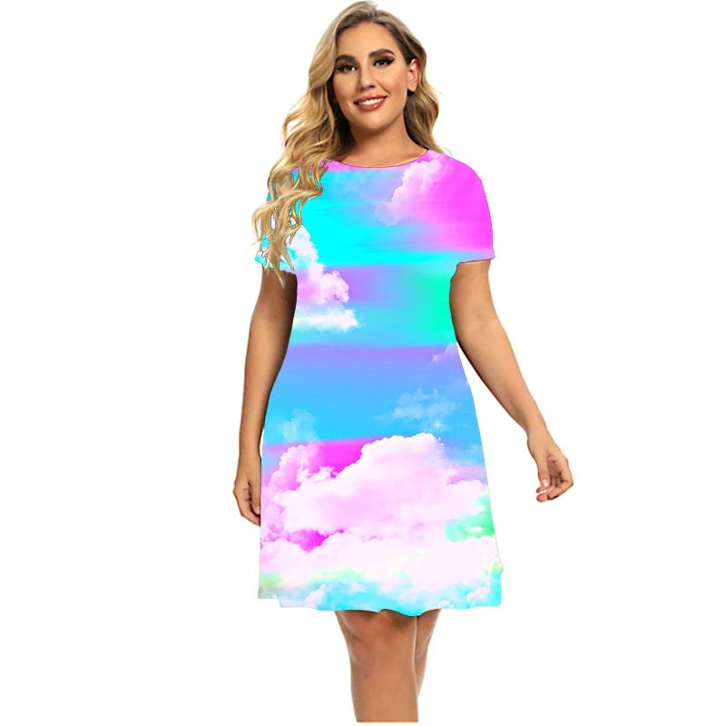 Stars And Moon Gradient Rainbow Women’s Short Sleeve O-Neck A-Line Plus Size T Shirt Dresses