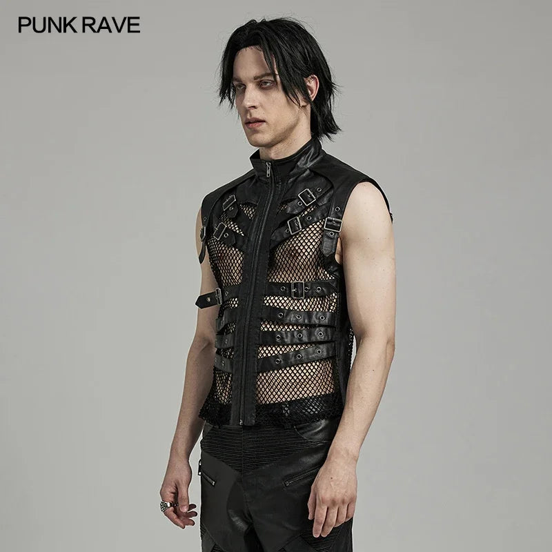 PUNK RAVE Men's Punk Personality Mesh Handsome Hollow Vest Daily Unrestrained Sexy Cool Blak Tops Men Clothing Summer