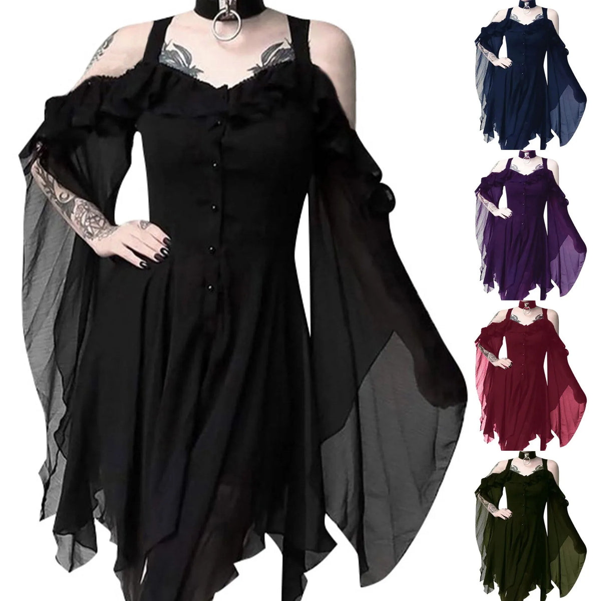 2024 Plus Size Women’s Gothic Ruffled Sling Dress - Fashion Shoulder Irregular Dress