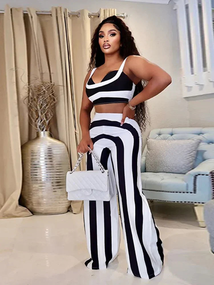 Wmstar Women Two Piece Set Summer Casual Striped Print Suspender V Neck Sleeveless Top Straight Pants Streetwear Lady Outfits