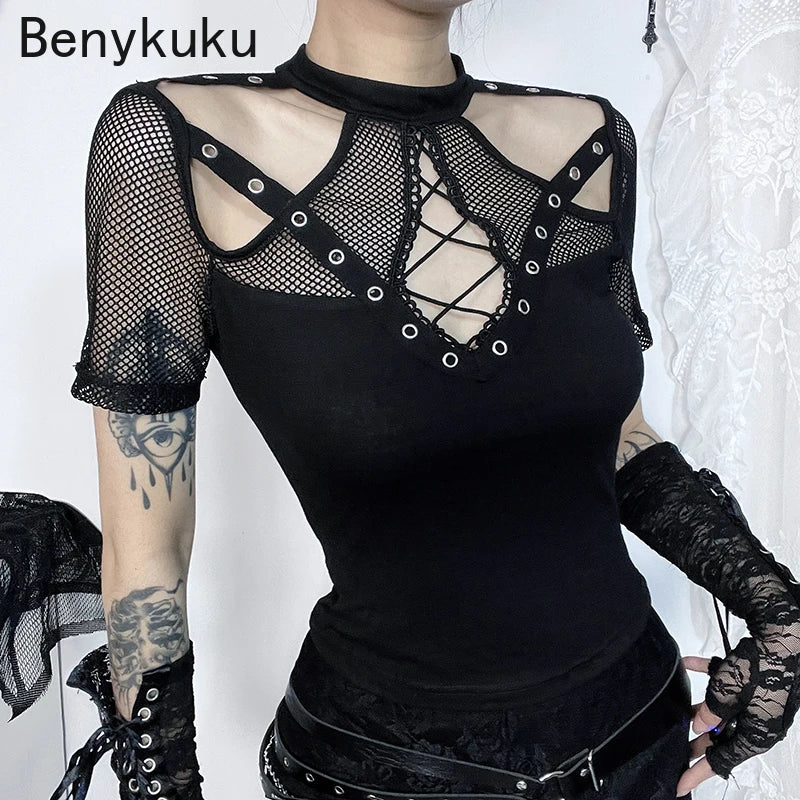 Goth Punk Fishnet Short Sleeve Crop Top – Women’s Gothic Hollow-Out Mesh, Mock Neck Slim Tee Shirt, Sexy Party Night Club Wear